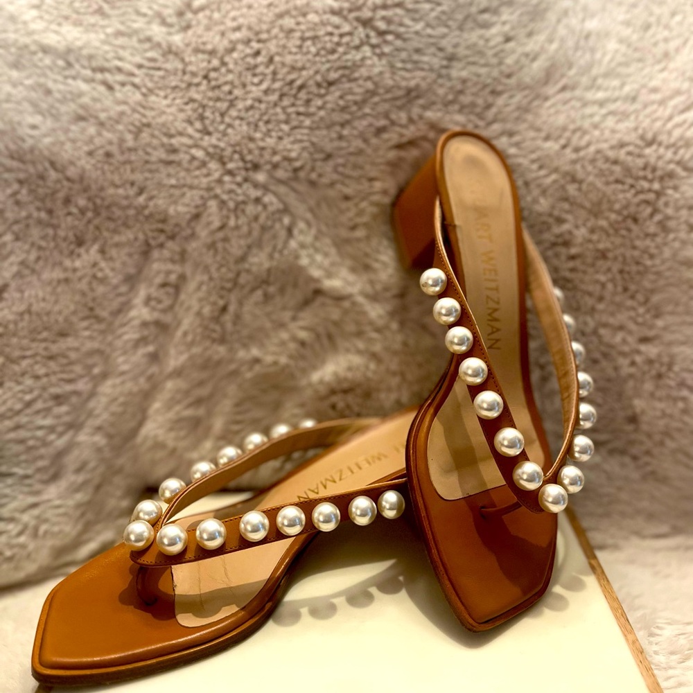 Stuart Weitzman Goldie Embellished Block-Heel Thong Sandals